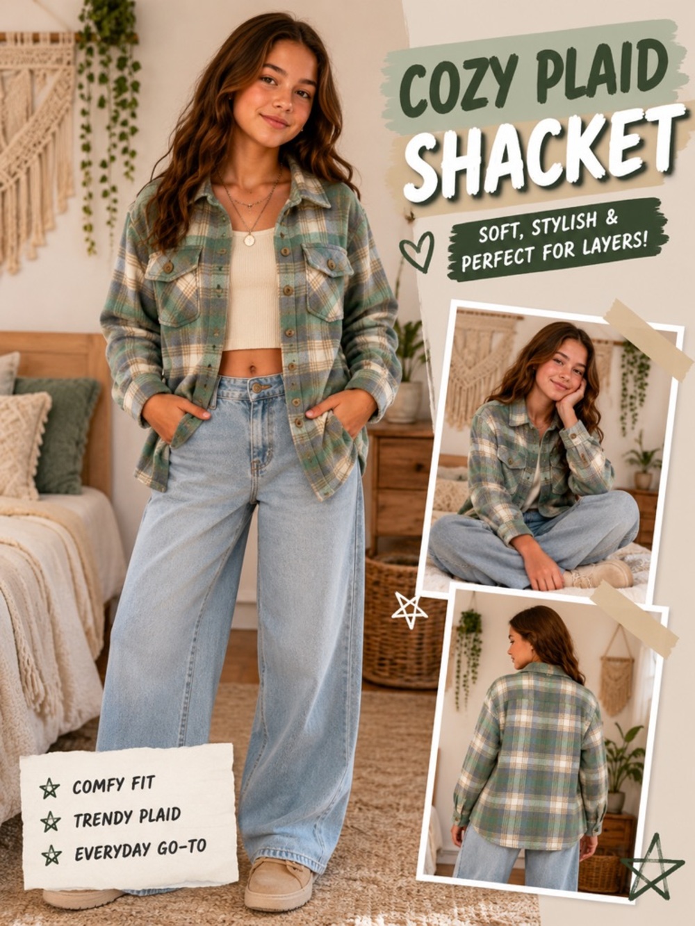 Plaid Button-Up Shacket in Mint, Cream & Light Brown